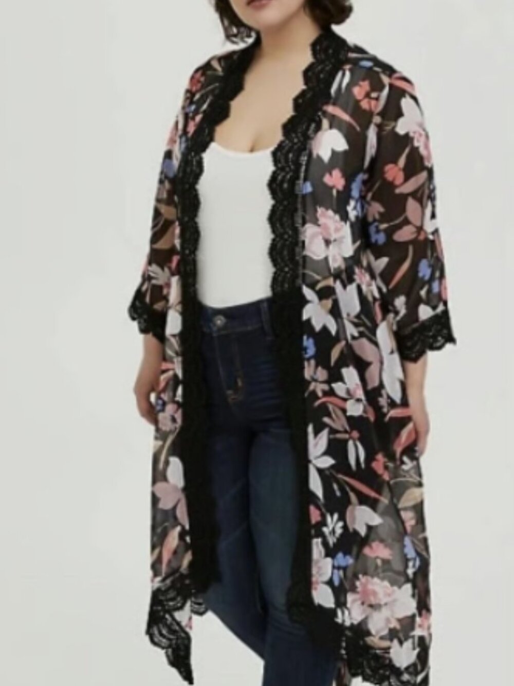 Torrid Crochet Trim Floral Kimono Size 3/4